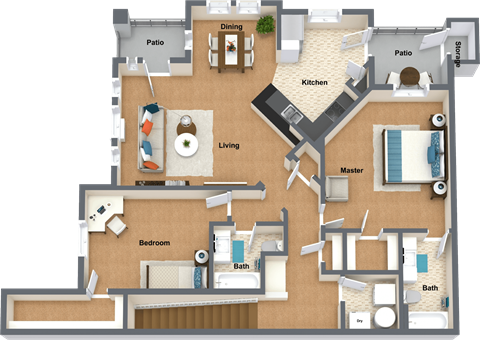 Floor plan for 2 beds, 2 baths, 1265 sqft